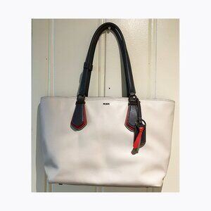 Tumi Stanton White Leather Work Tote Purse w Laptop Compartment/ Navy Red Detail